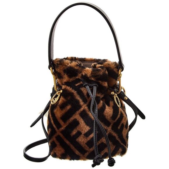 Fendi Mon Tresor Mini Shearling & Leather Bucket Bag, Brown - Picture 1 of 4